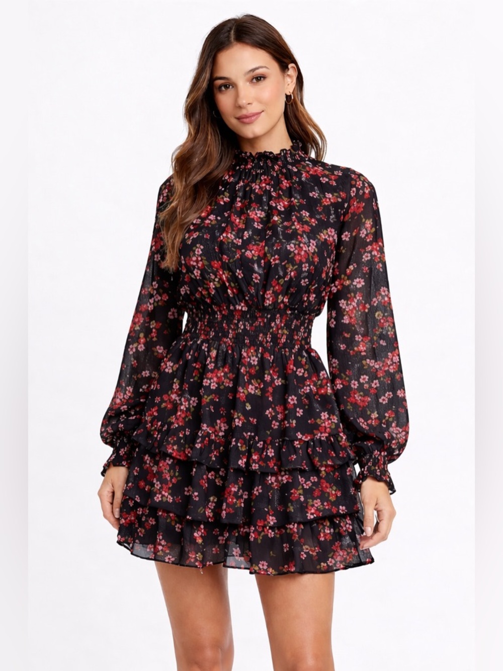 Floral Ruffle Tiered Mini Dress - Black with Pink Floral - Picture 1 of 11